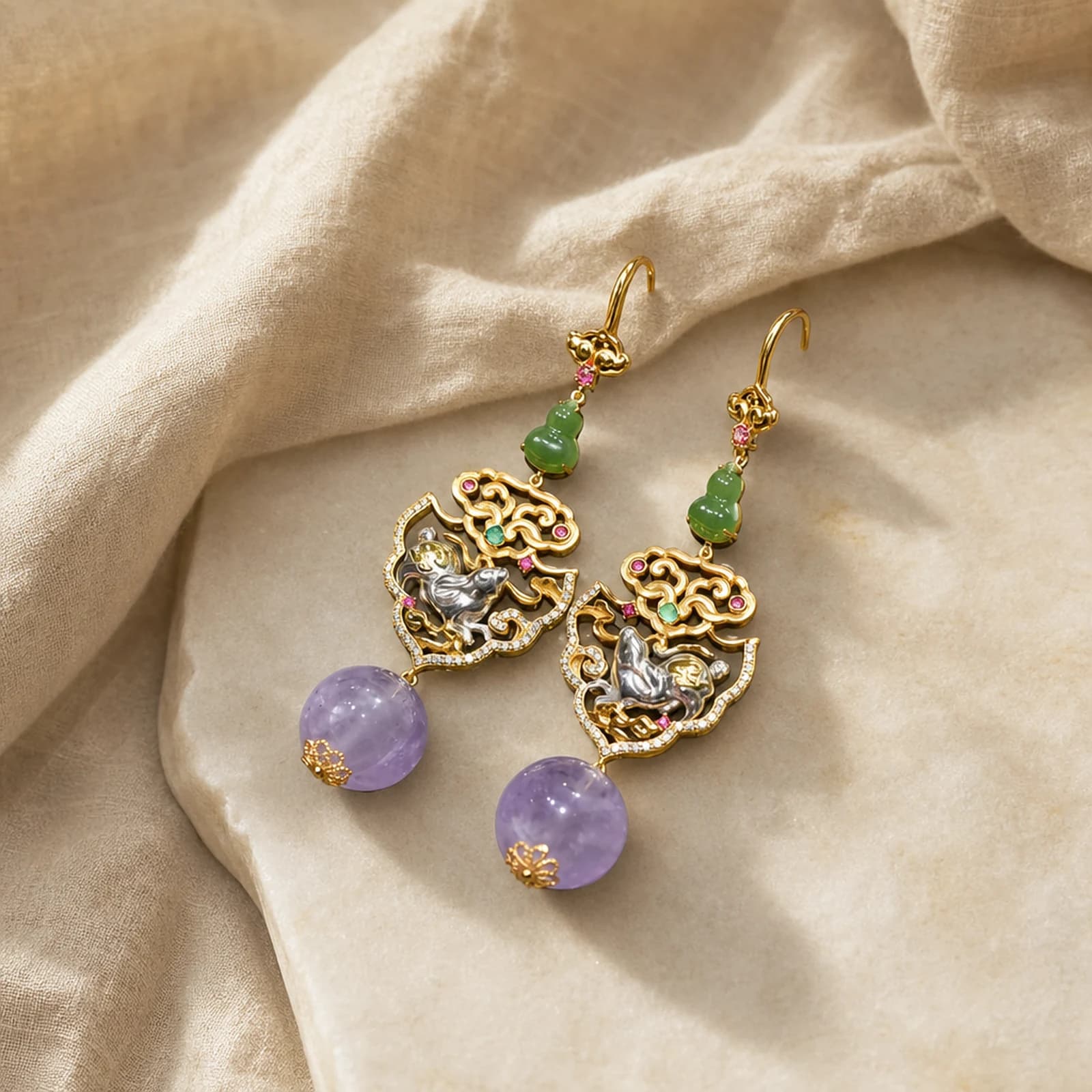 Jade Amethyst Filigree Earrings quiet ritual setting