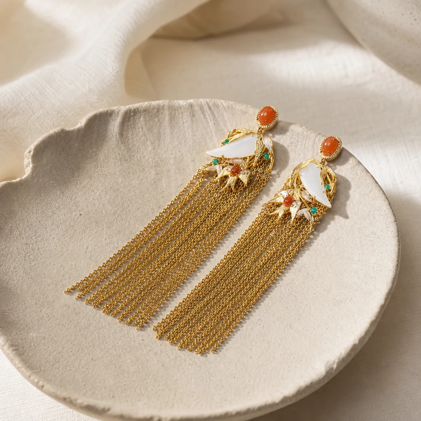 White Jade Tassel Earrings quiet ritual setting