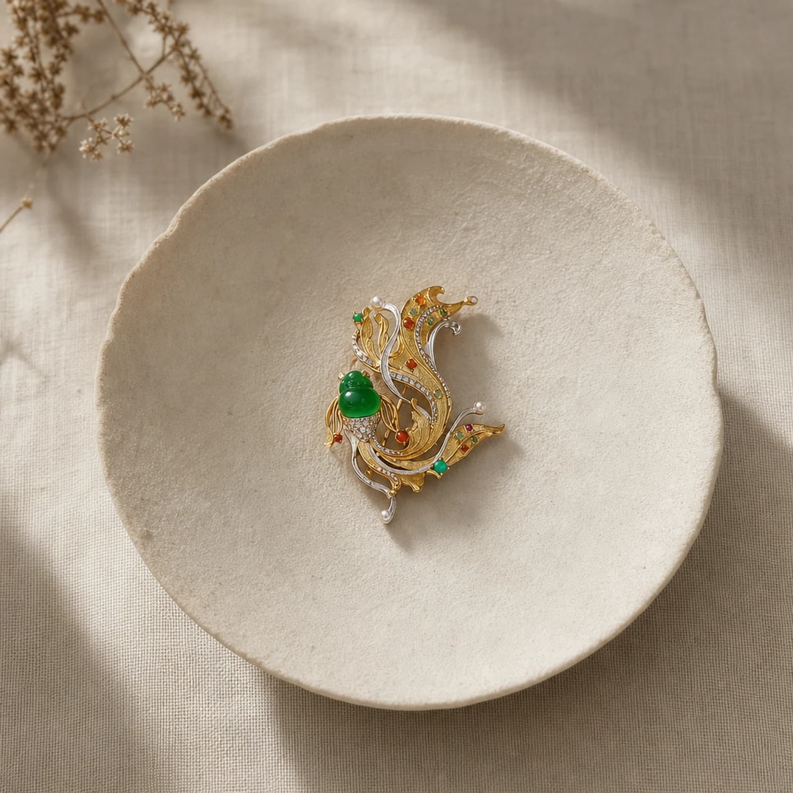 Jade Leaf Filigree Brooch quiet ritual setting