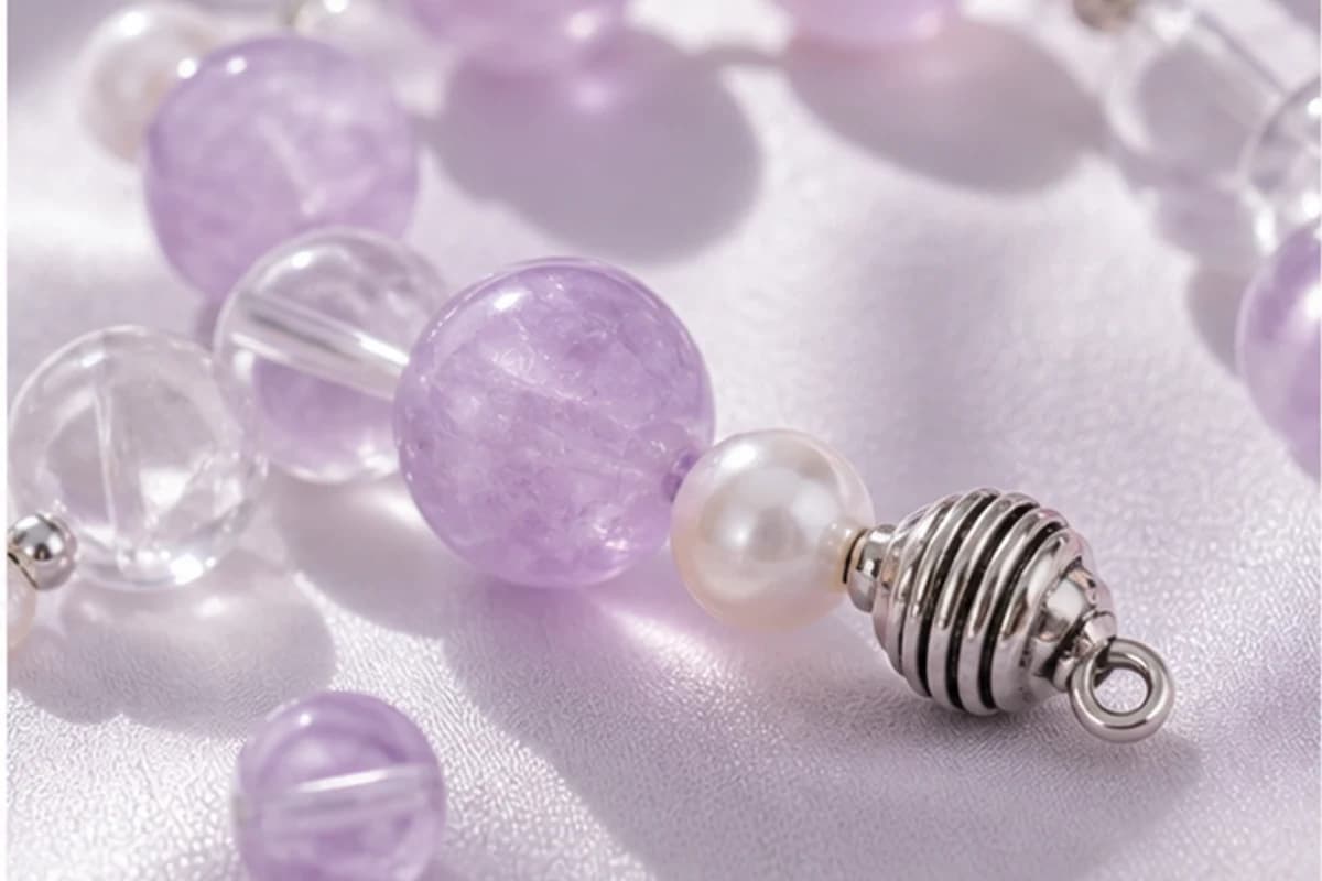 Lavender crystal pearl and silver macro material proof
